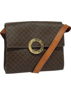 CELINE Macadam Canvas Circle Shoulder Bag PVC Leather Brown Gold